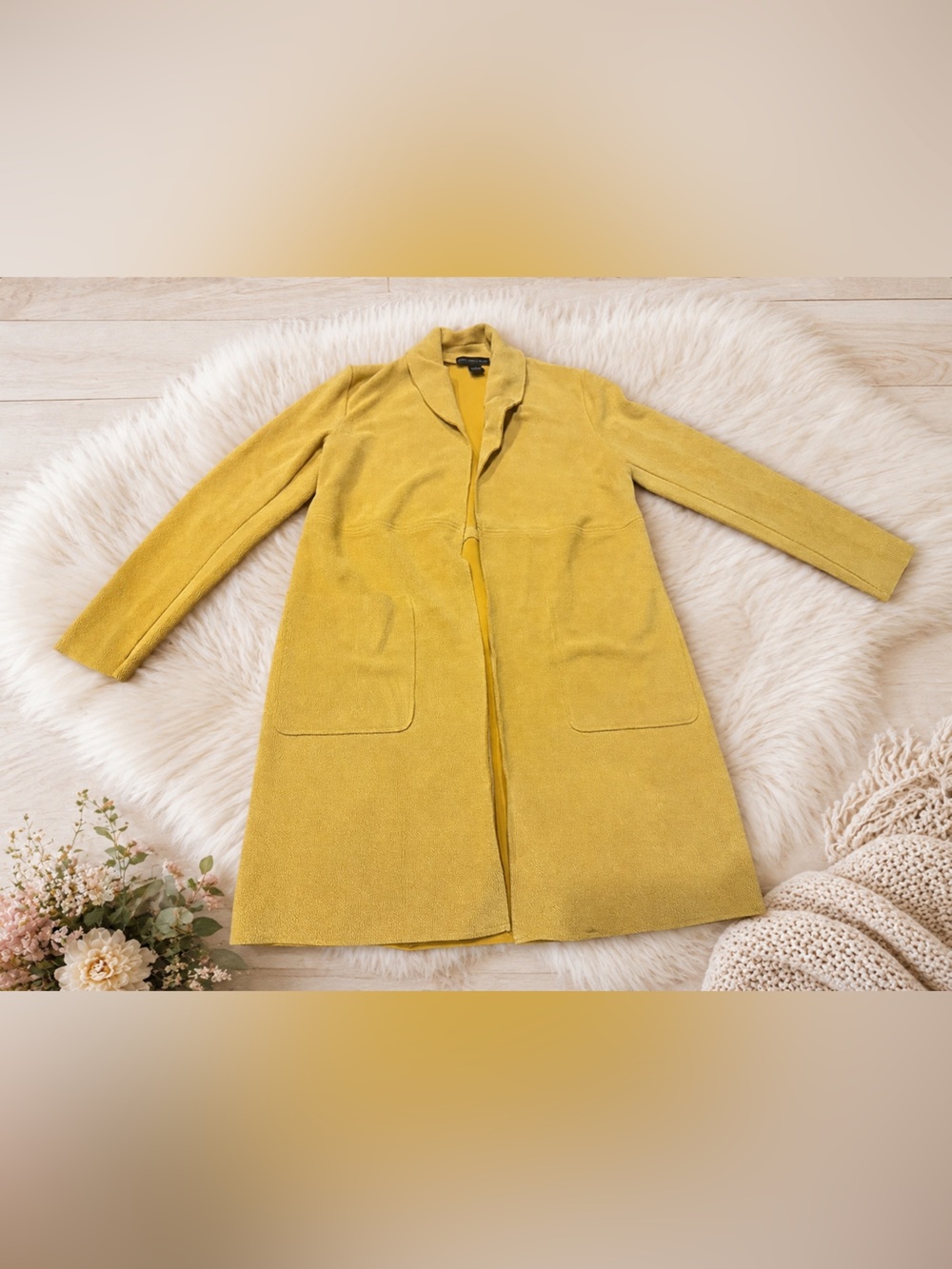 Joan Vass Mustard Yellow Open-Front Cardigan Coat